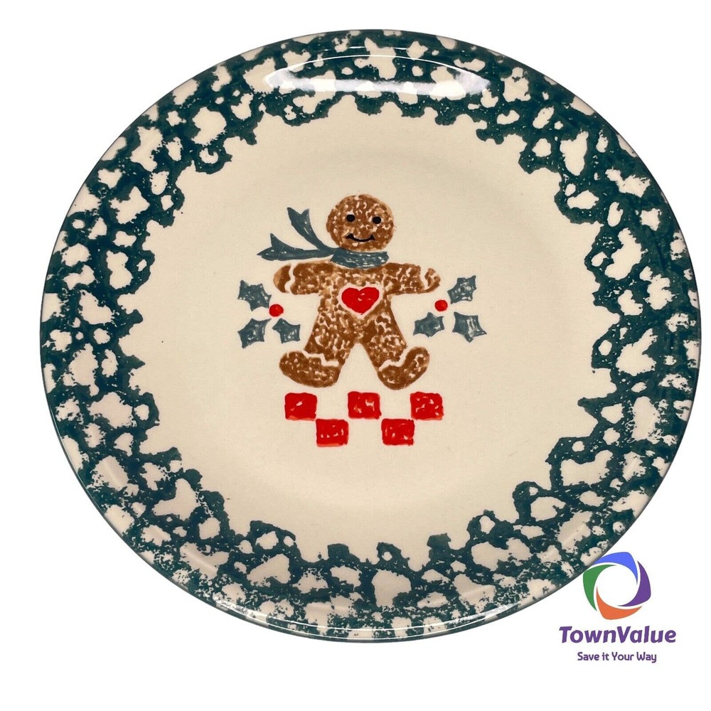Vintage Gingerbread Tienshan Folk Craft China Desert Salad Plate Green Christmas